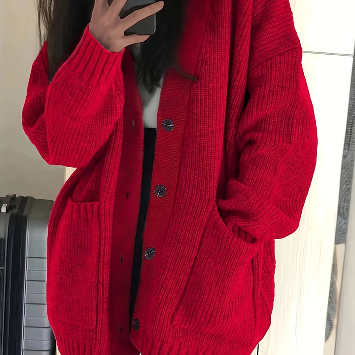 Women's Oversized Button-Front Cardigan V-Neck Long Sleeve Knit Pocket Sweater