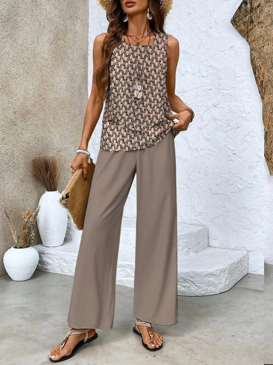 Dina | Wide Leg Leaf Print Pants Set for Women