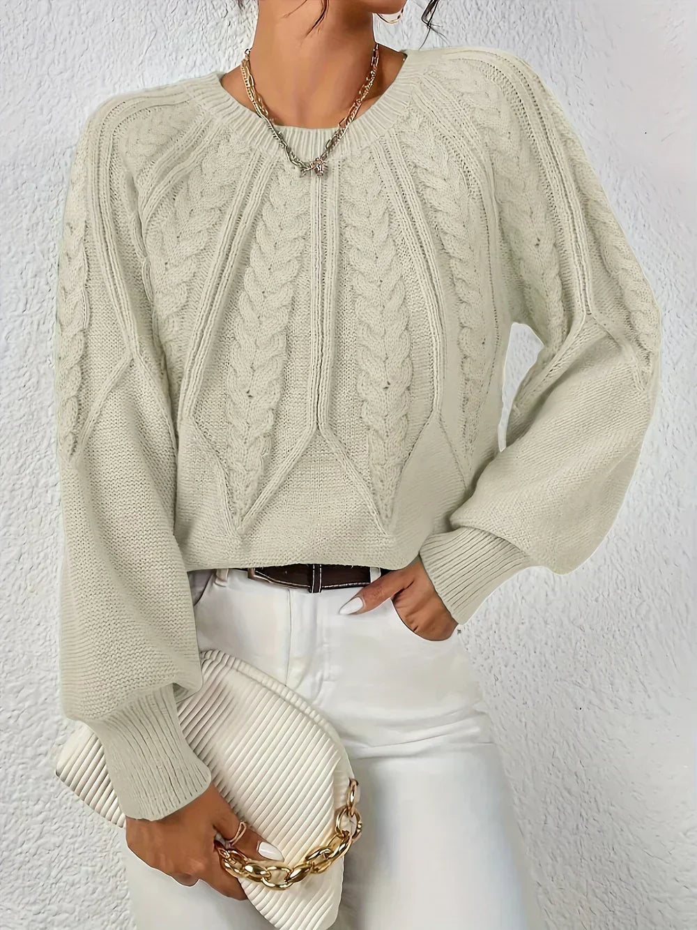 Women's Cable Knit Sweater Round Neck Long Sleeve Casual Pullover