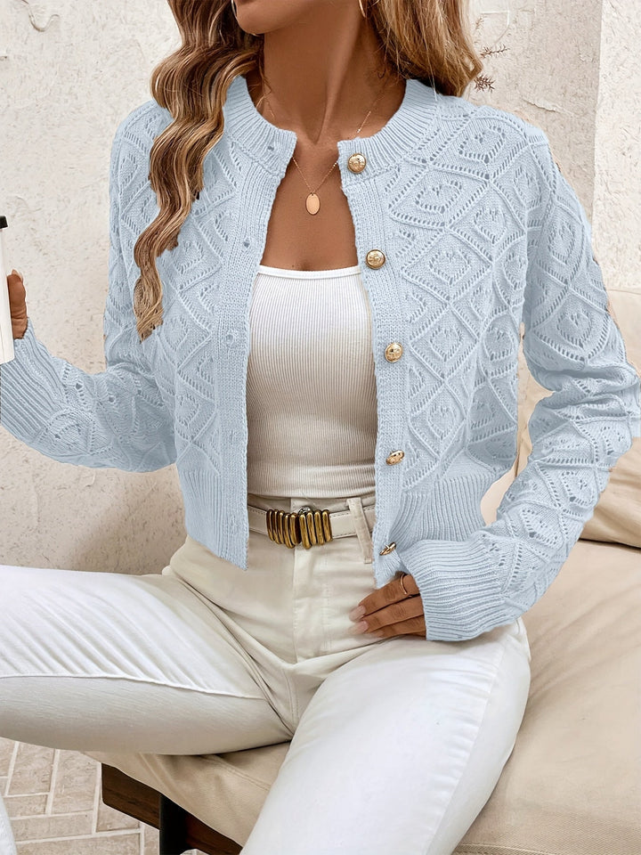 Women's Cropped Cardigan Long Sleeve Button-Front Textured Pointelle Knit Casual