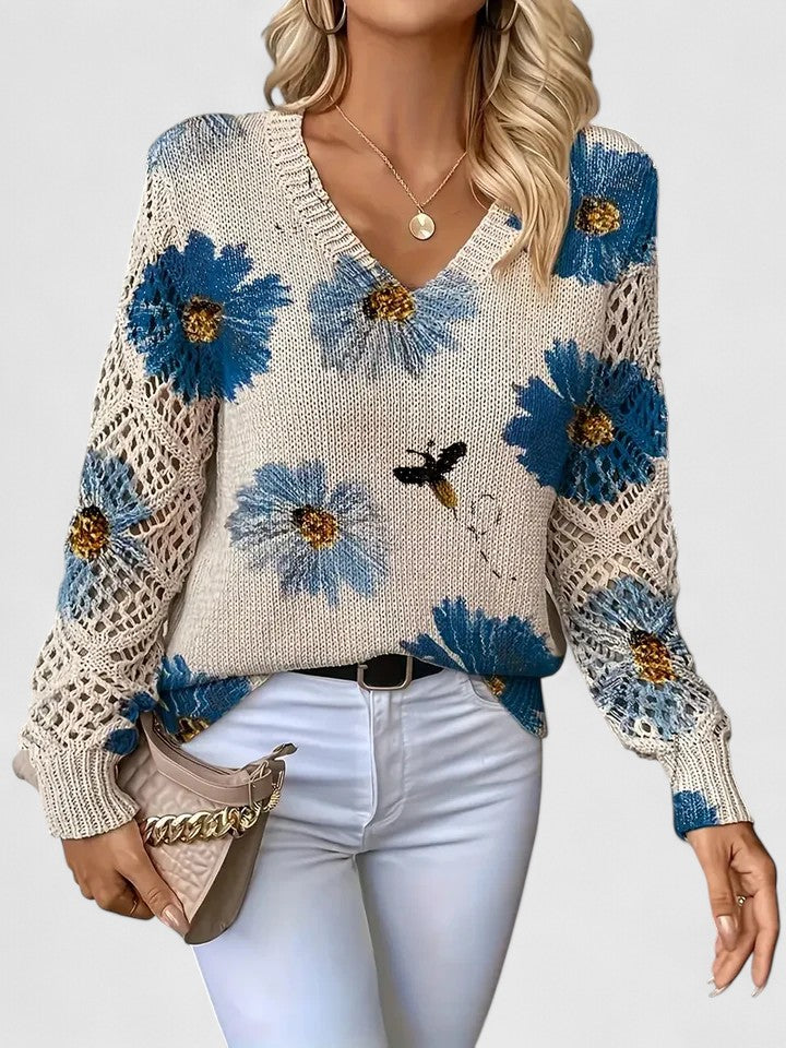 Women's V-Neck Floral Sweater – Long Sleeve Crochet Knit Pullover