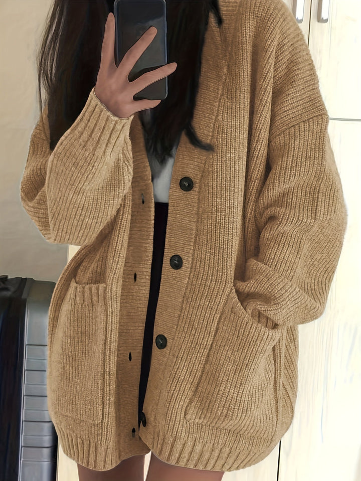 Women's Oversized Button-Front Cardigan V-Neck Long Sleeve Knit Pocket Sweater