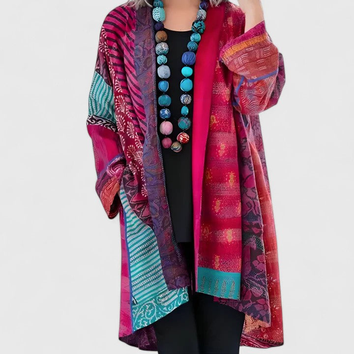 Women's Open Front Cardigan Long Sleeve Patchwork Print Draped Casual