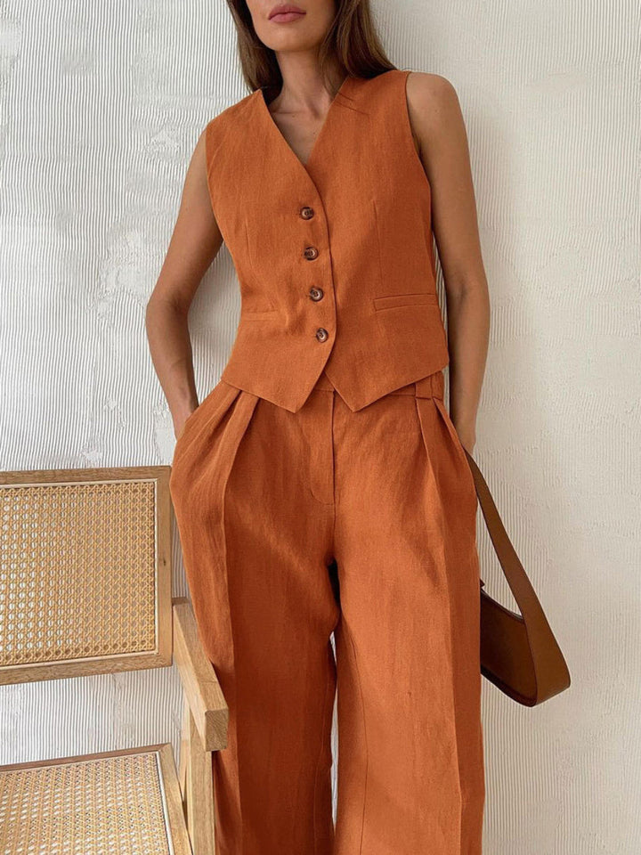 Lila V-neck Pleated Wide-leg Pants Suit