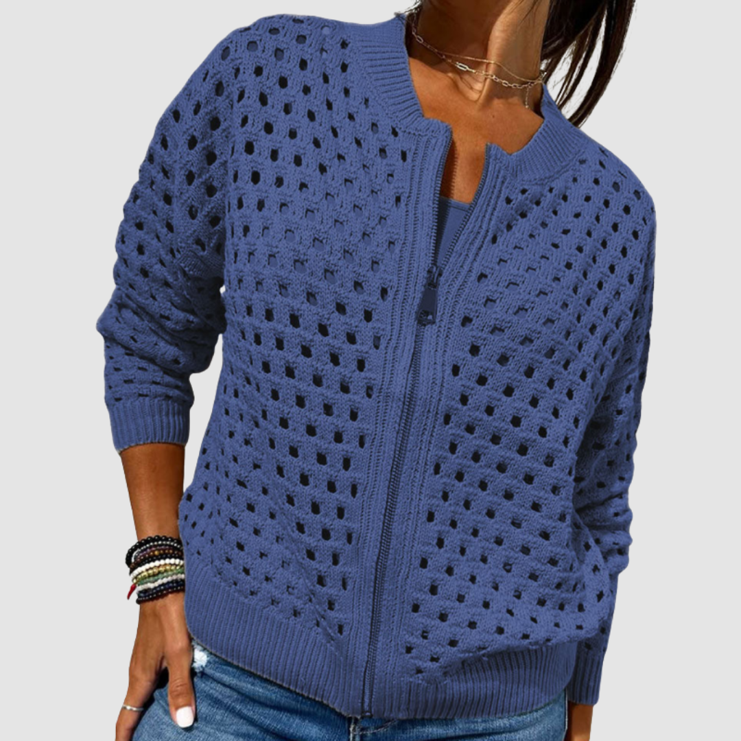 Women's Zip-Up Knit Cardigan Open Hole Long Sleeve Bomber Sweater