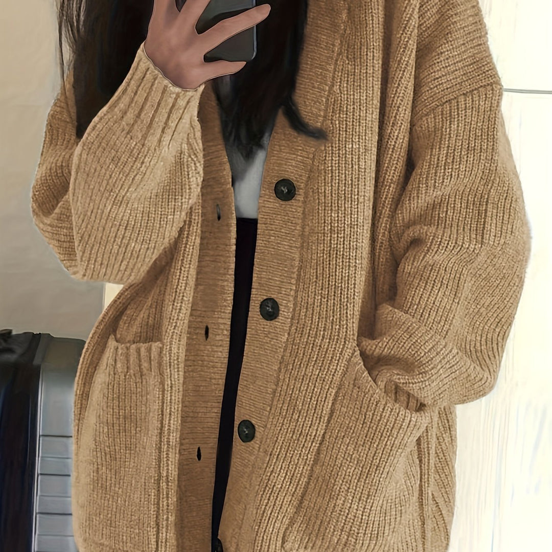 Women's Oversized Button-Front Cardigan V-Neck Long Sleeve Knit Pocket Sweater