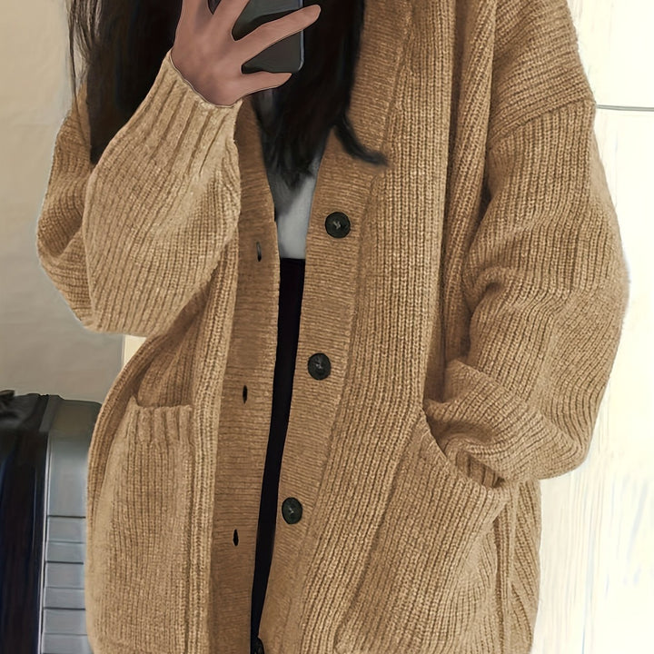 Women's Oversized Button-Front Cardigan V-Neck Long Sleeve Knit Pocket Sweater