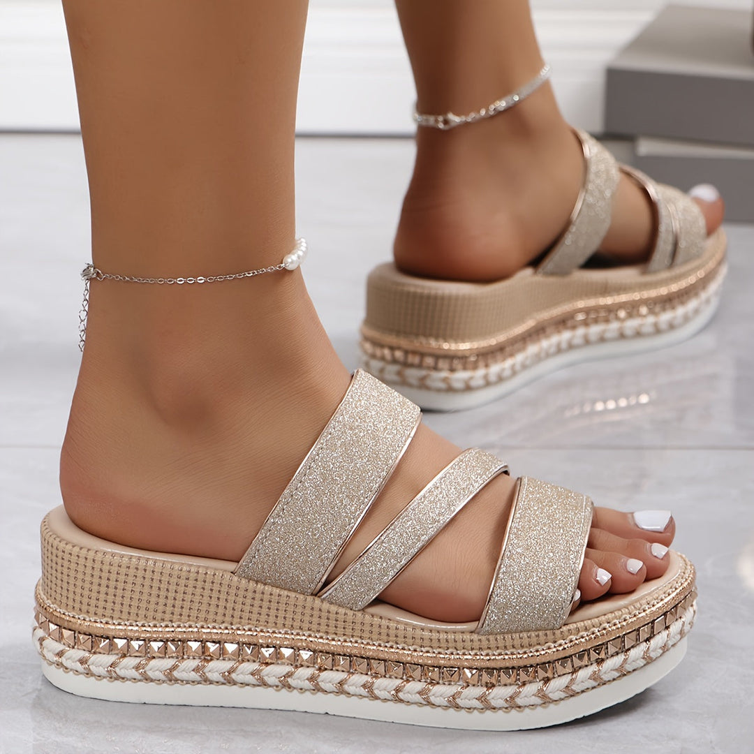 Glitter Multi Strap Velcro Studded Platform Wedge Sandal