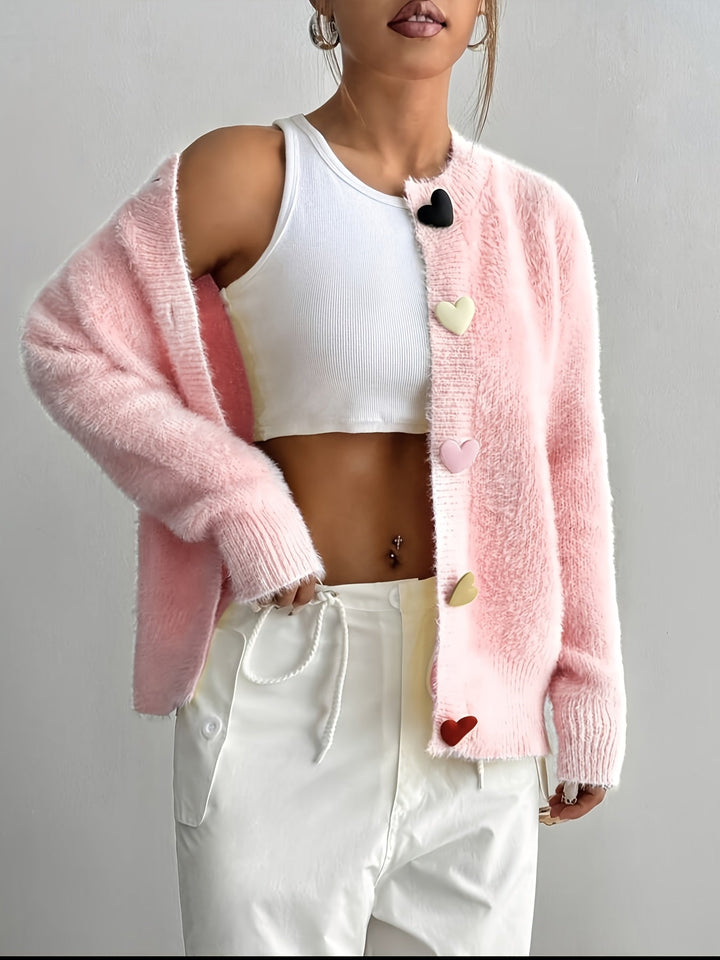 Rosalie | Women's Fluffy Cropped Cardigan with Heart Buttons