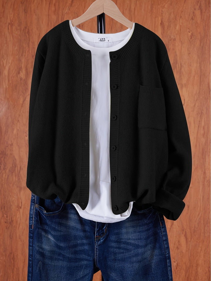 Women's Open Front Cardigan Button-Up Round Neck Long Sleeve Chest Pocket Knit