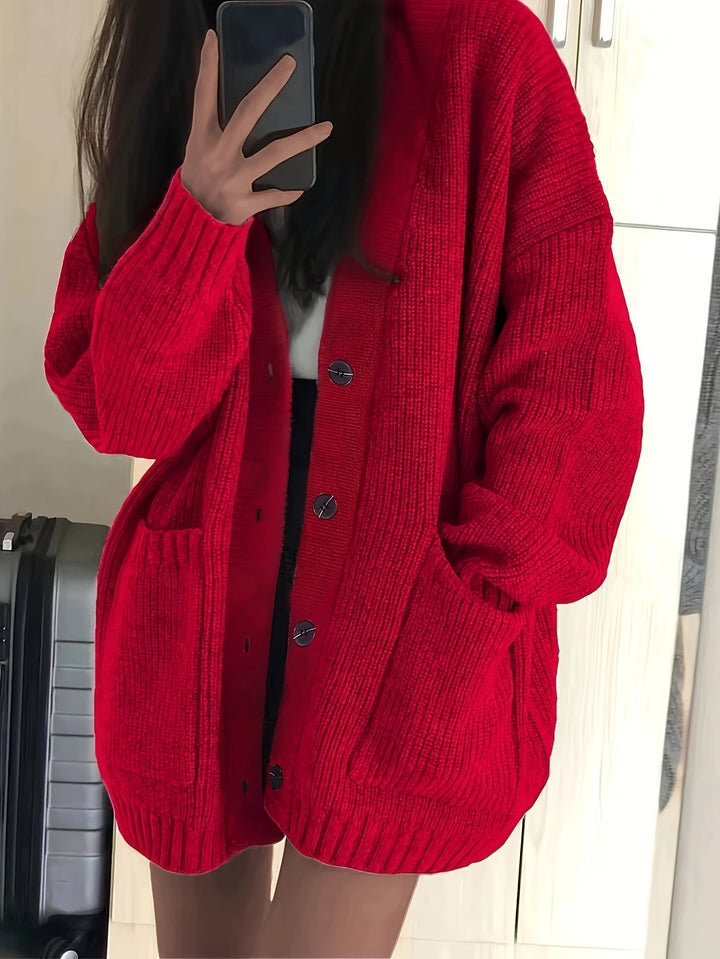 Women's Oversized Button-Front Cardigan V-Neck Long Sleeve Knit Pocket Sweater