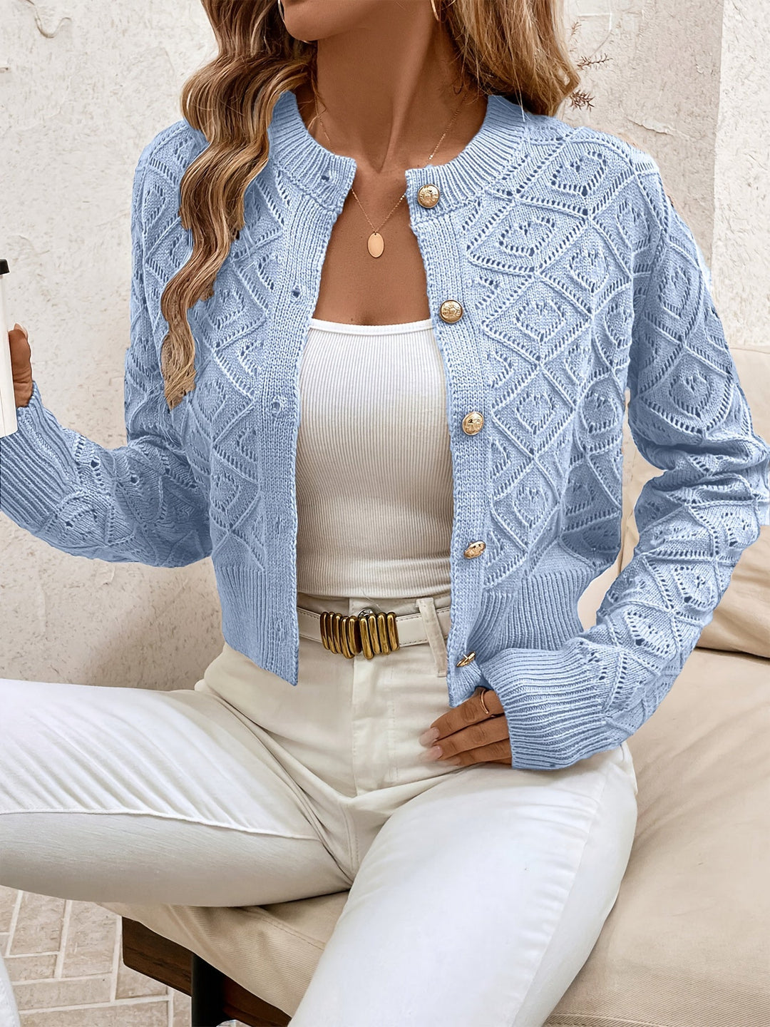 Women's Cropped Cardigan Long Sleeve Button-Front Textured Pointelle Knit Casual