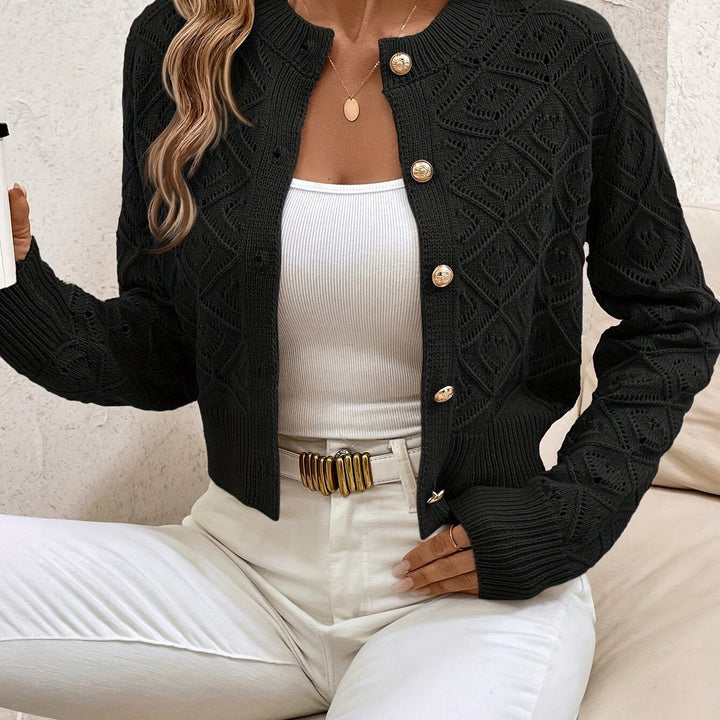 Women's Cropped Cardigan Long Sleeve Button-Front Textured Pointelle Knit Casual