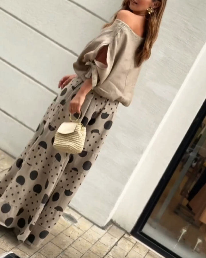 Samantha Casual Shoulder Top & Printed Pants Set