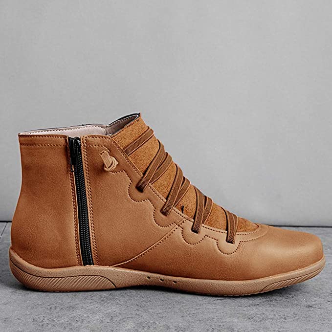 Lace Up Leather Zip Flat Casual Ankle Boot