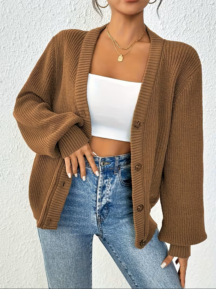 Women's Button-Front Cardigan V-Neck Long Sleeve Ribbed Knit Oversized Casual