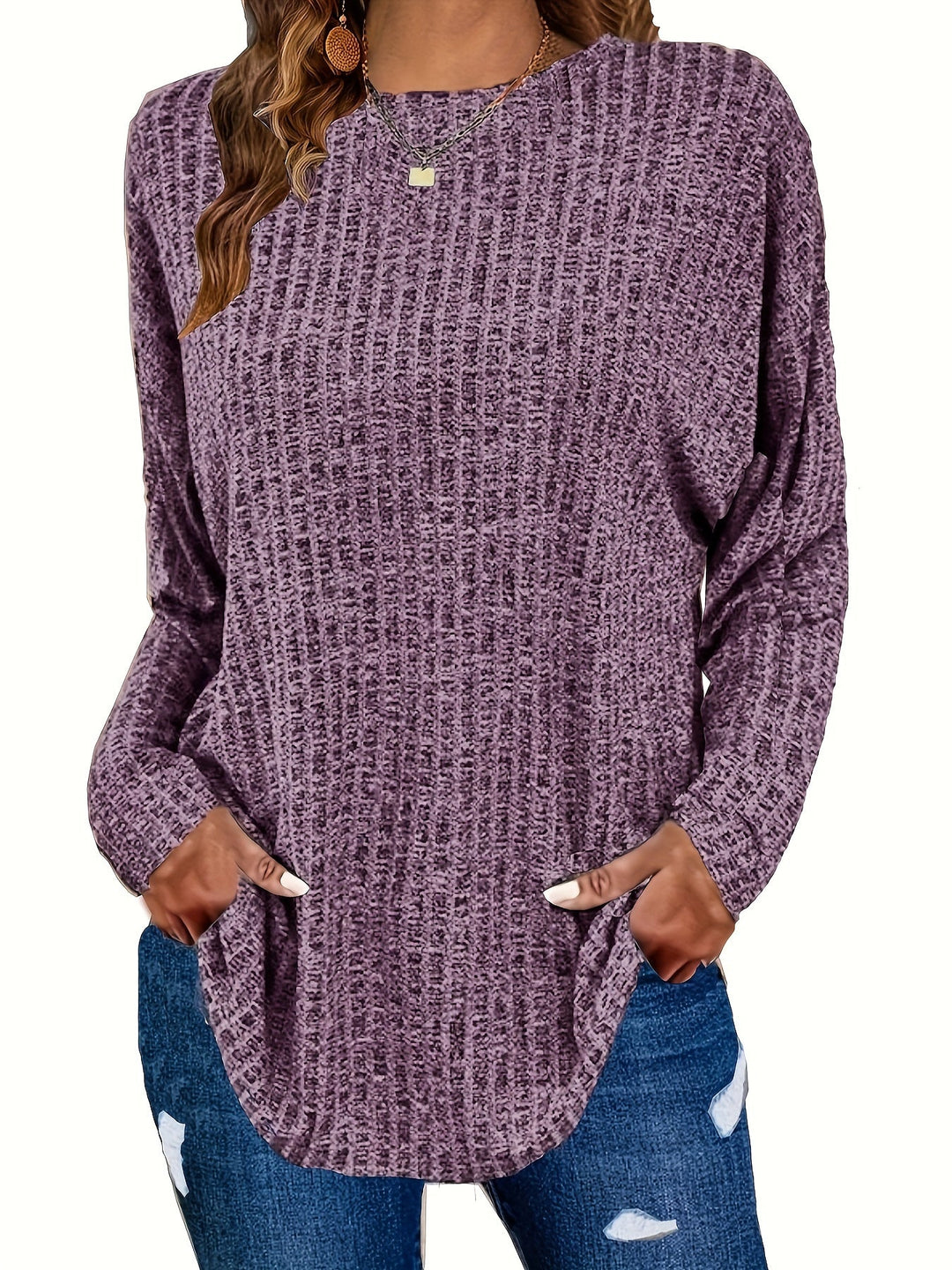 Marisol | Women's Waffle Knit Curved Hem Tunic Sweater
