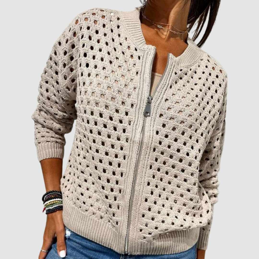 Women's Zip-Up Knit Cardigan Open Hole Long Sleeve Bomber Sweater