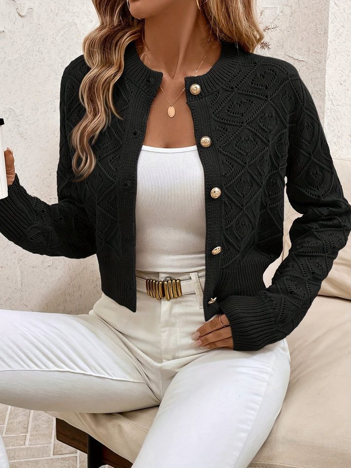 Women's Cropped Cardigan Long Sleeve Button-Front Textured Pointelle Knit Casual