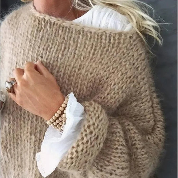 Women's Fluffy Oversized Knit Sweater – Relaxed Crew Neck Pullover