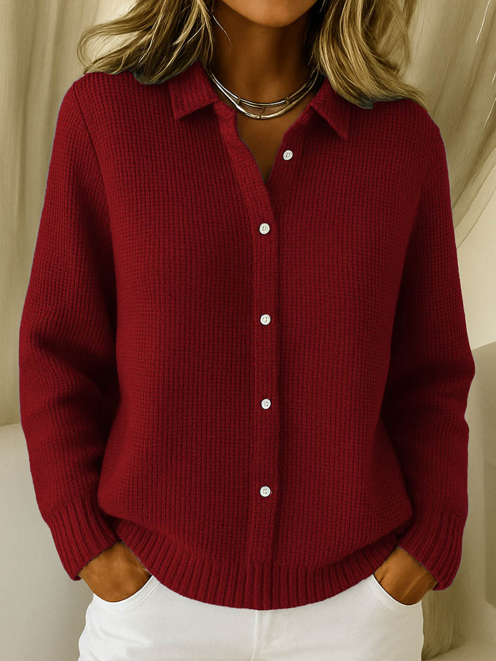 Elise | Women's Waffle Knit Button-Up Collar Cardigan, Long Sleeve Shirt Style
