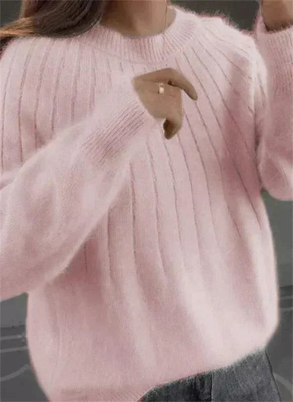 Women's Fluffy Crew Neck Knit Sweater – Relaxed Long Sleeve Pullover
