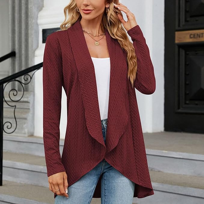 Women's Open Front Draped Cardigan Long Sleeve Textured Knit Casual
