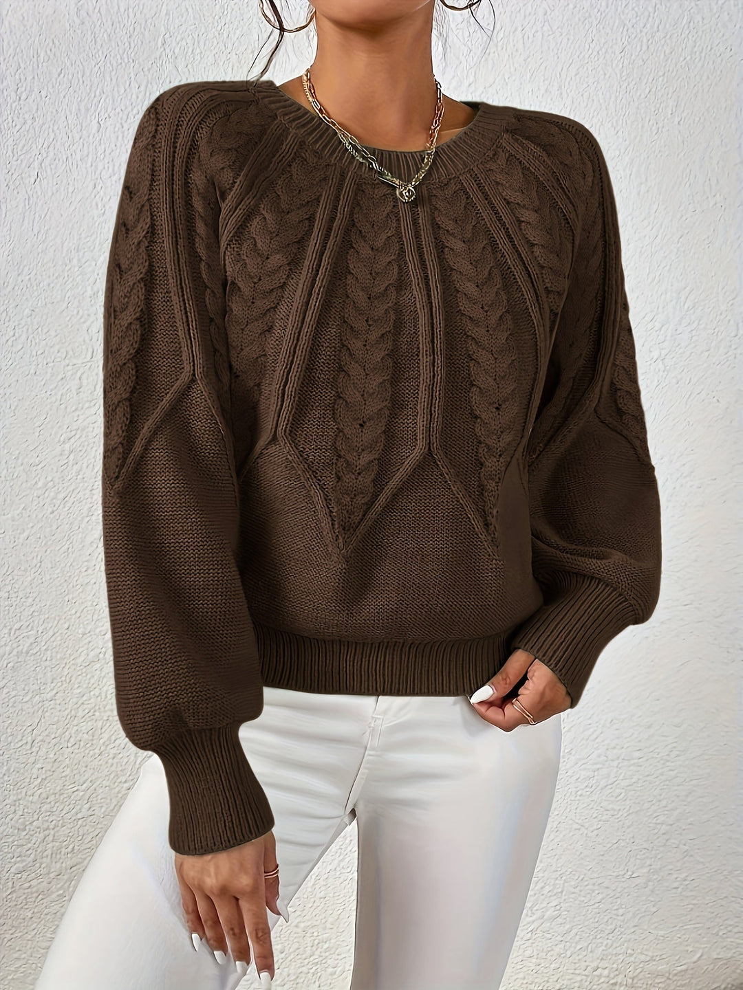 Women's Cable-Knit Sweater Round Neck Long Sleeve Ribbed Cuff Casual Pullover