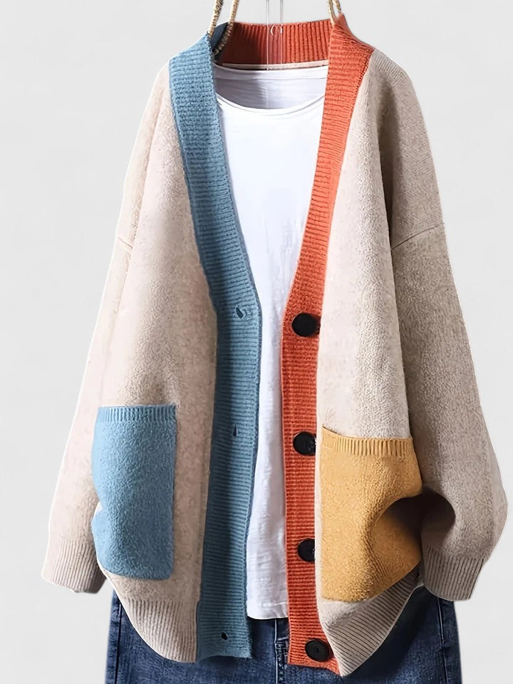 Women's Color Block Cardigan V-Neck Long Sleeve Button Front Patch Pocket Knit