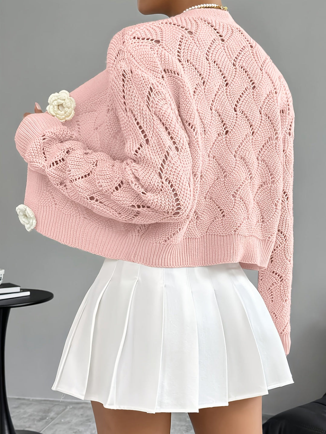 Celeste | Women's Crochet Knit Cardigan with 3D Floral Buttons