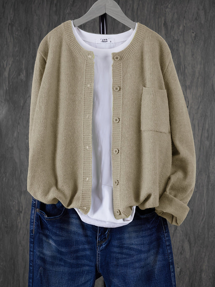 Women's Open Front Cardigan Button-Up Round Neck Long Sleeve Chest Pocket Knit