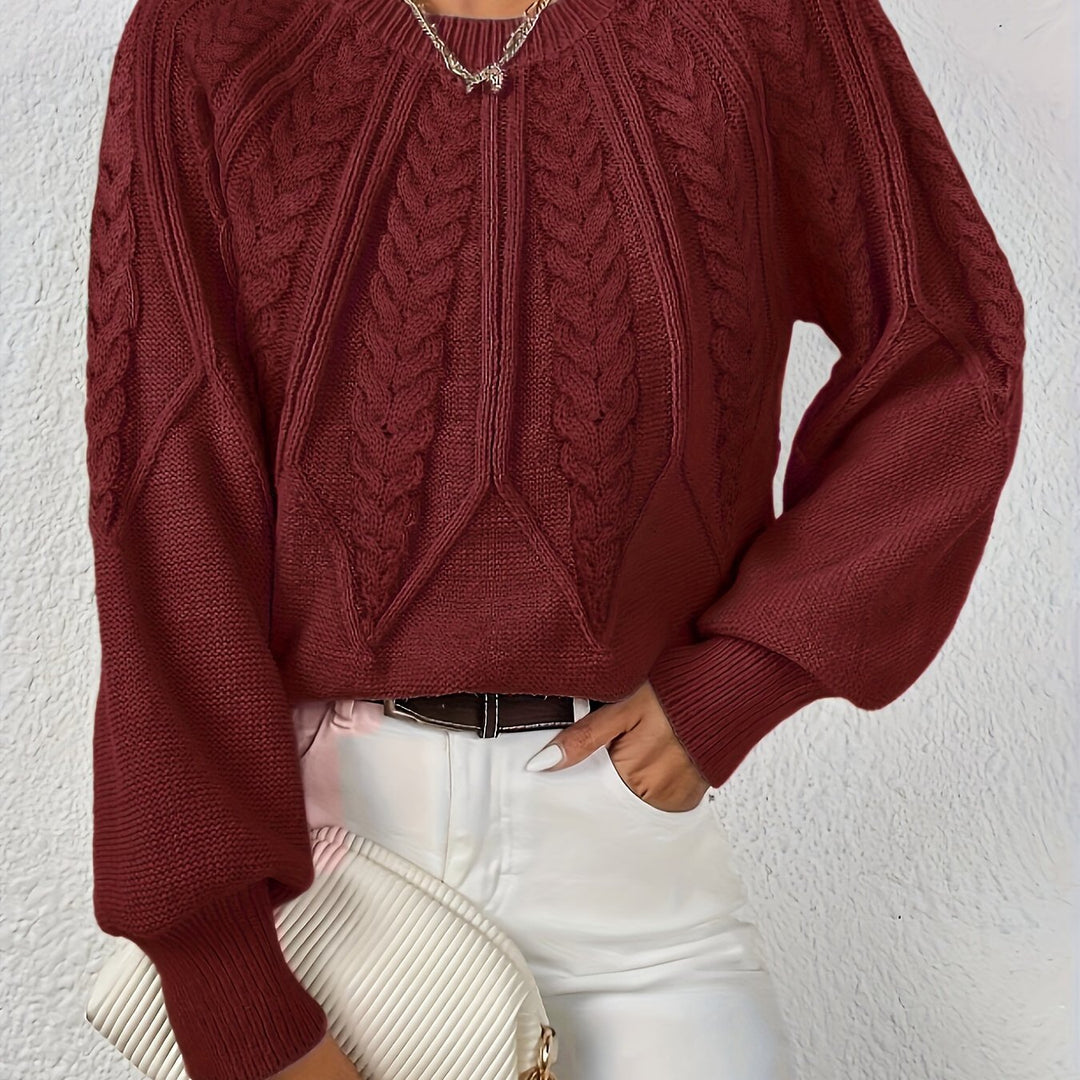 Women's Cable-Knit Sweater Round Neck Long Sleeve Ribbed Cuff Casual Pullover