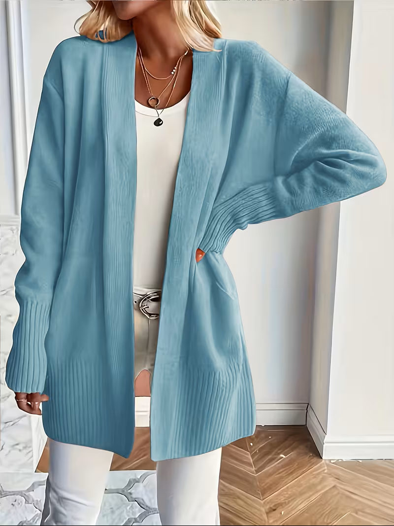 Women's Open Front Cardigan Long Sleeve Ribbed Knit Pockets Casual