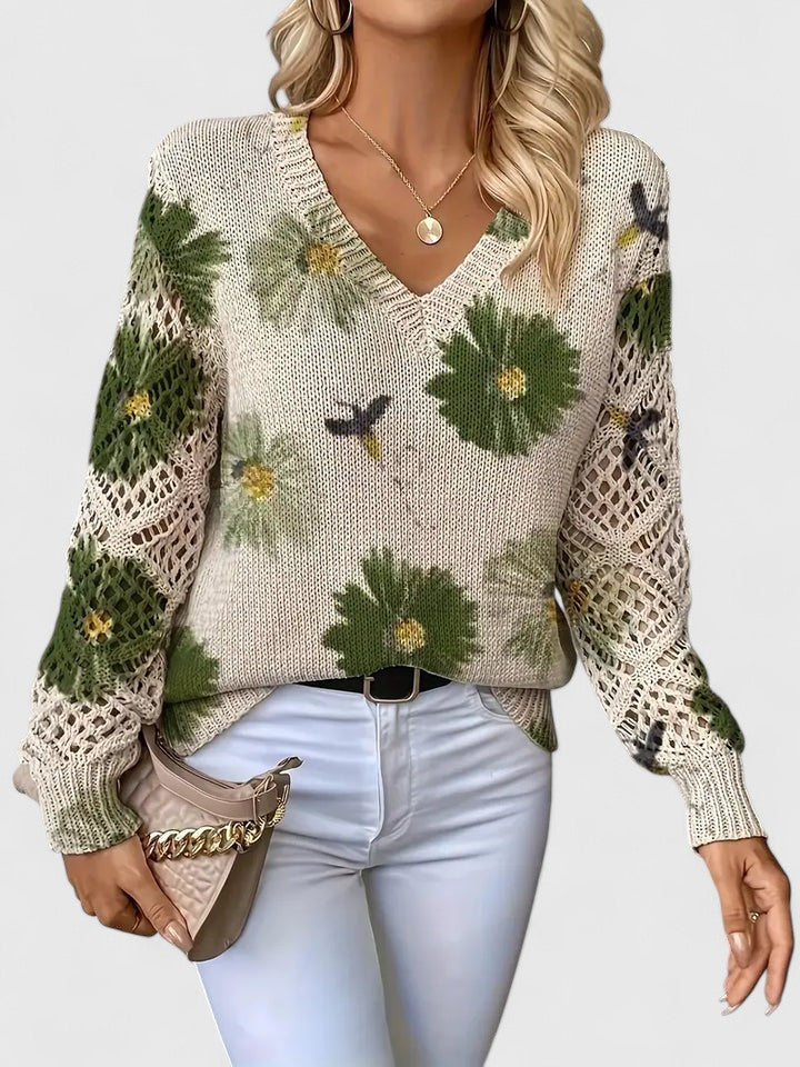 Women's V-Neck Floral Sweater – Long Sleeve Crochet Knit Pullover