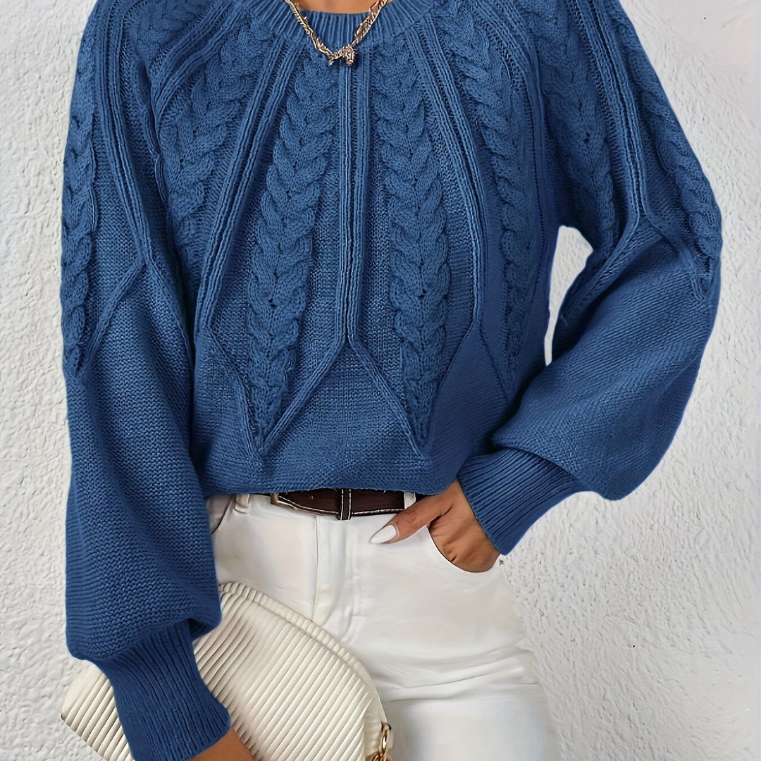 Women's Cable-Knit Sweater Round Neck Long Sleeve Ribbed Cuff Casual Pullover