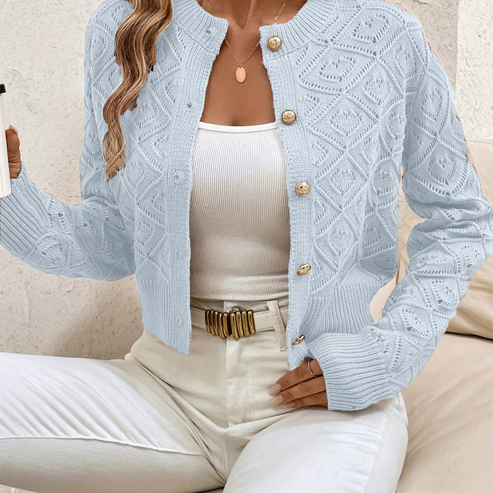 Women's Cropped Cardigan Long Sleeve Button-Front Textured Pointelle Knit Casual