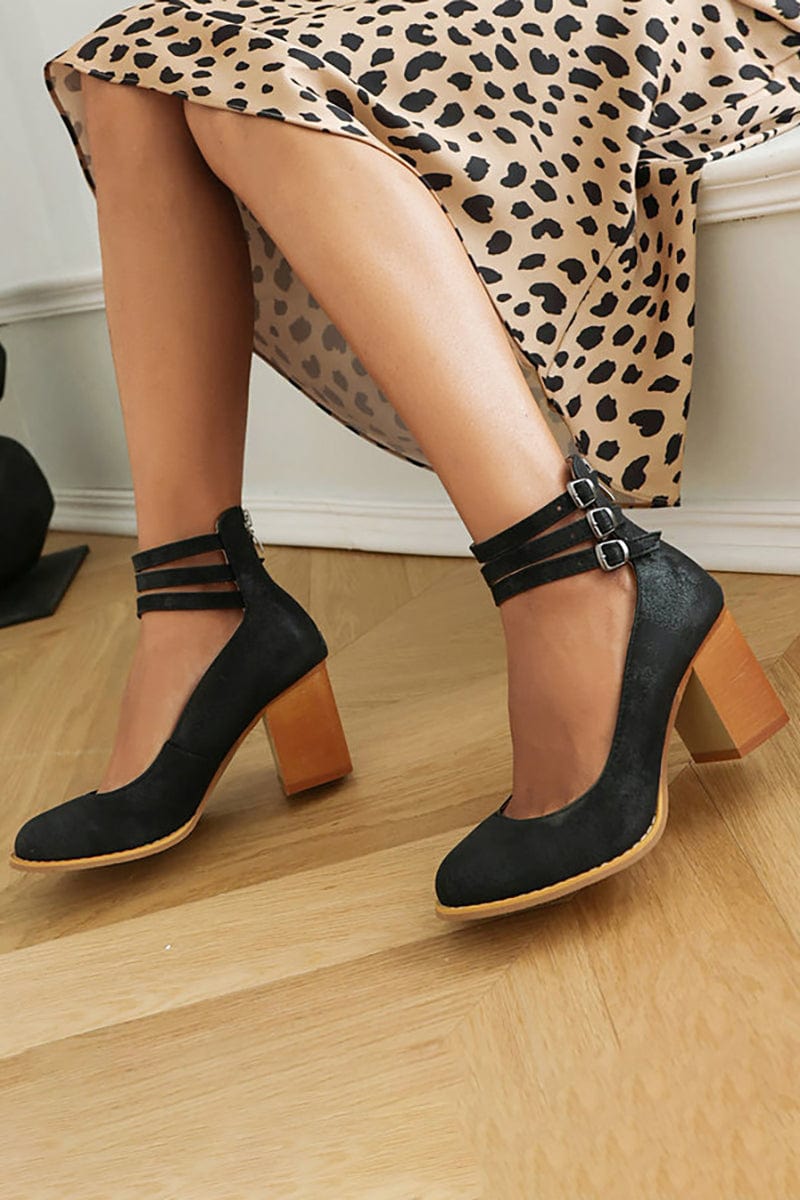 Women's Triple Buckle Block Heel Ankle Boots - Casual Footwear
