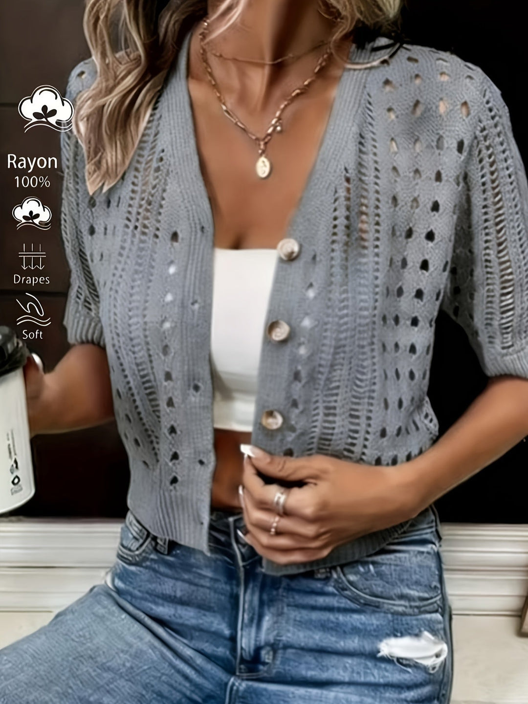 Women's Open-Knit Cardigan V-Neck Short Sleeve Button-Front Crop Casual Top