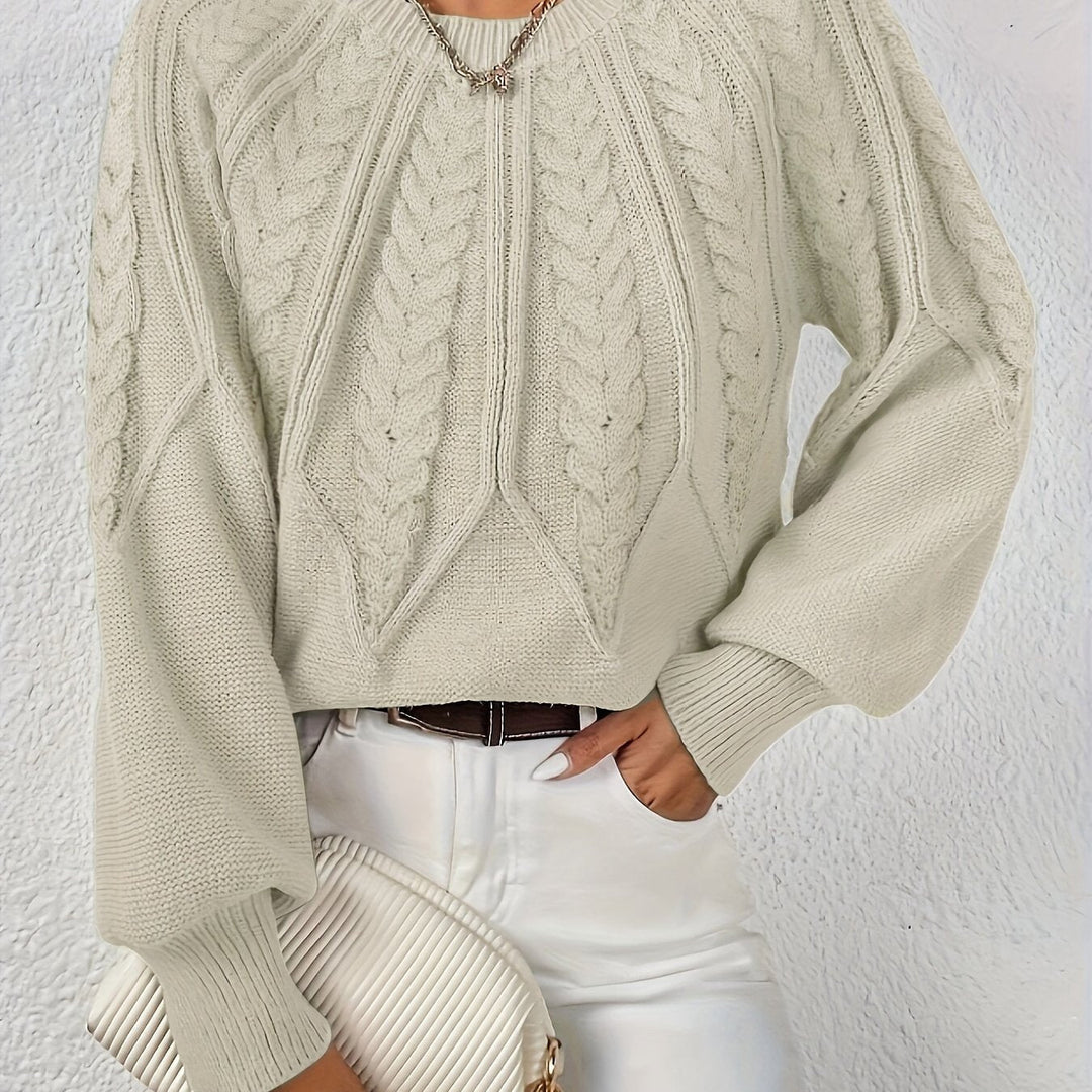 Women's Cable-Knit Sweater Round Neck Long Sleeve Ribbed Cuff Casual Pullover