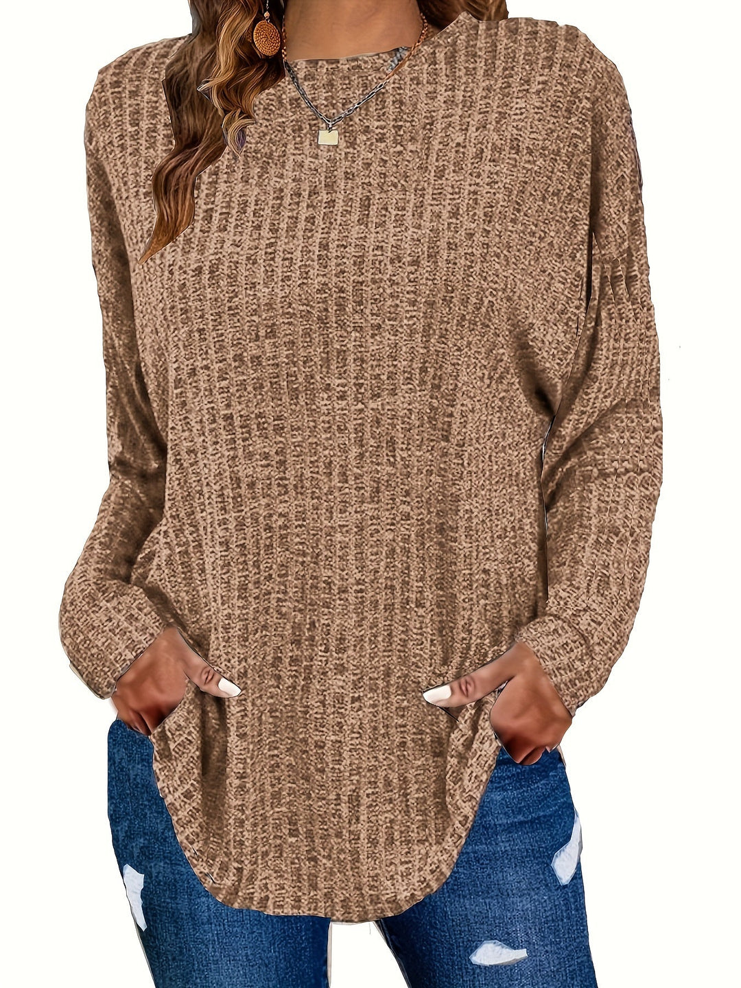 Marisol | Women's Waffle Knit Curved Hem Tunic Sweater