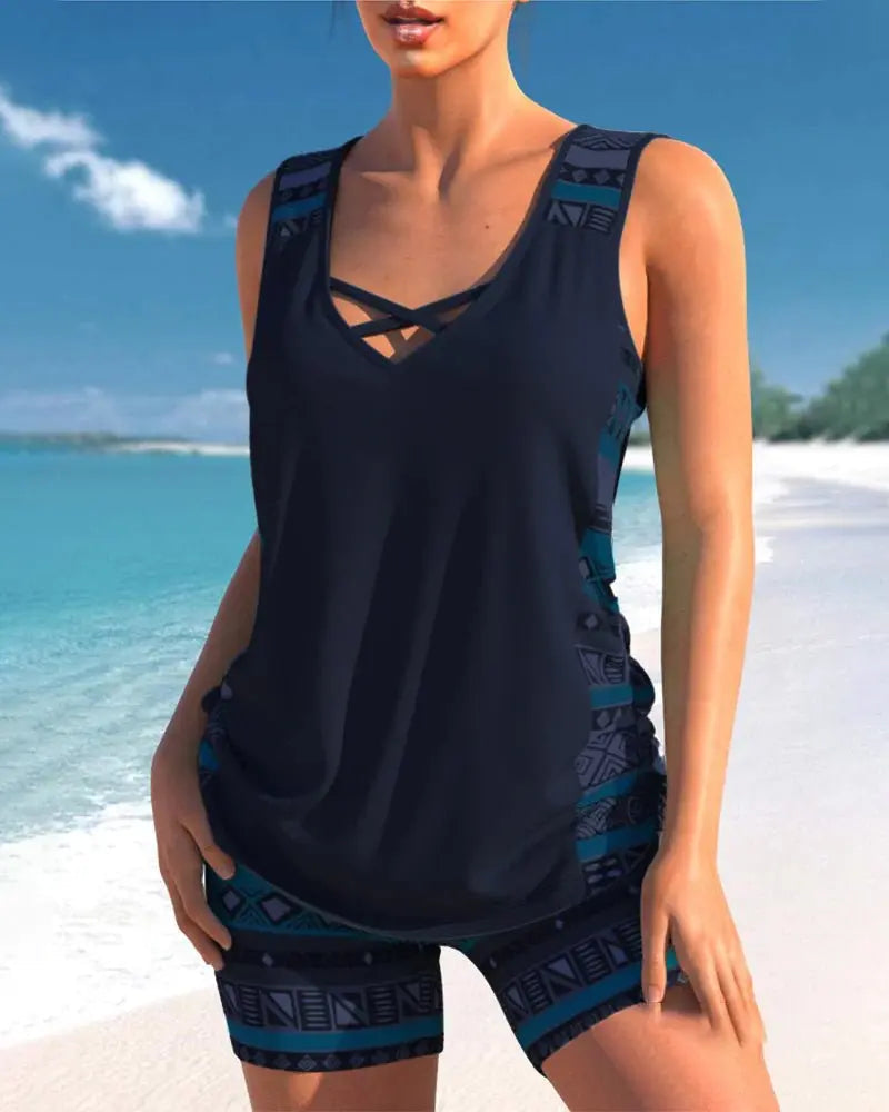 Estella | V-Neck Tankini Set with Geometric Shorts for Women