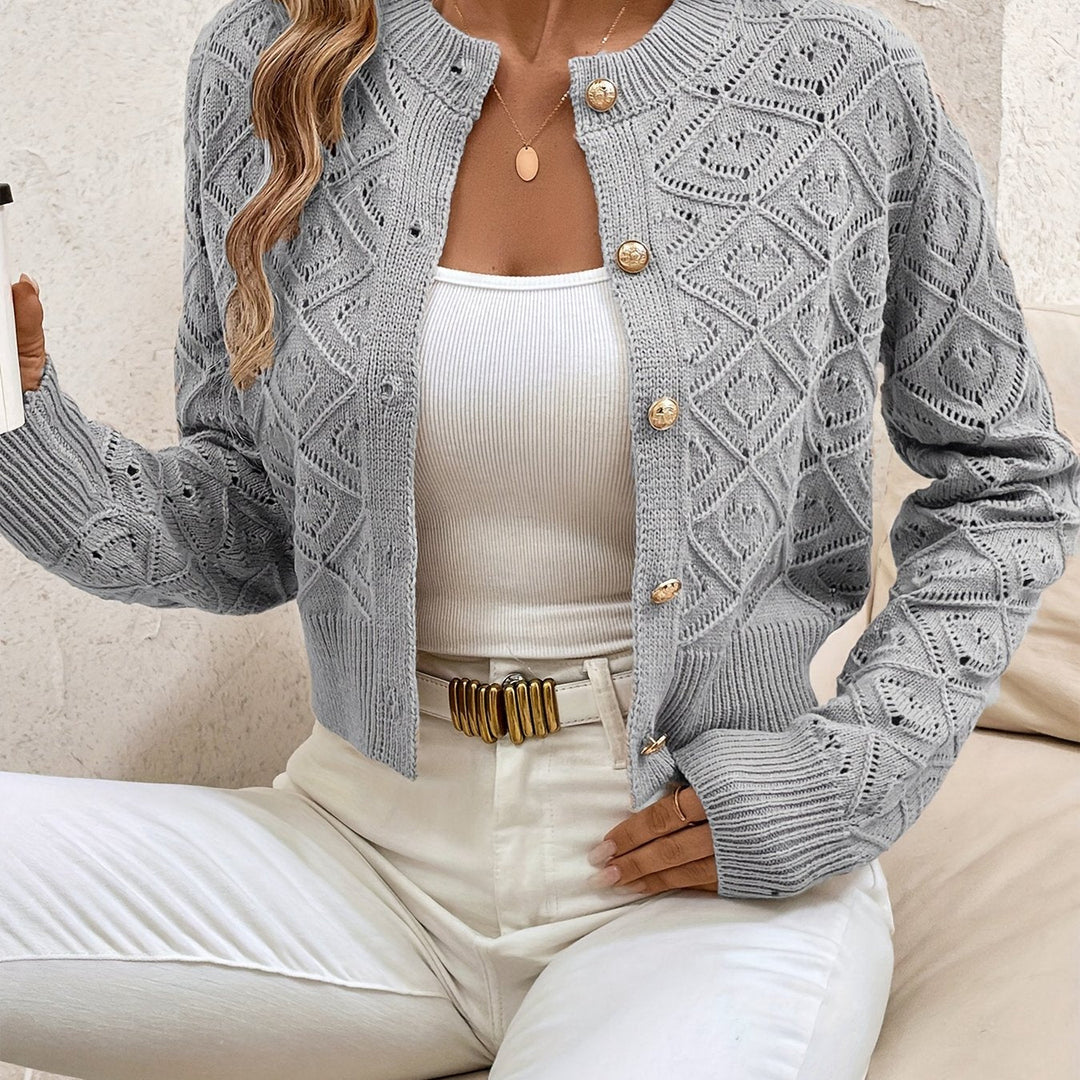 Women's Cropped Cardigan Long Sleeve Button-Front Textured Pointelle Knit Casual