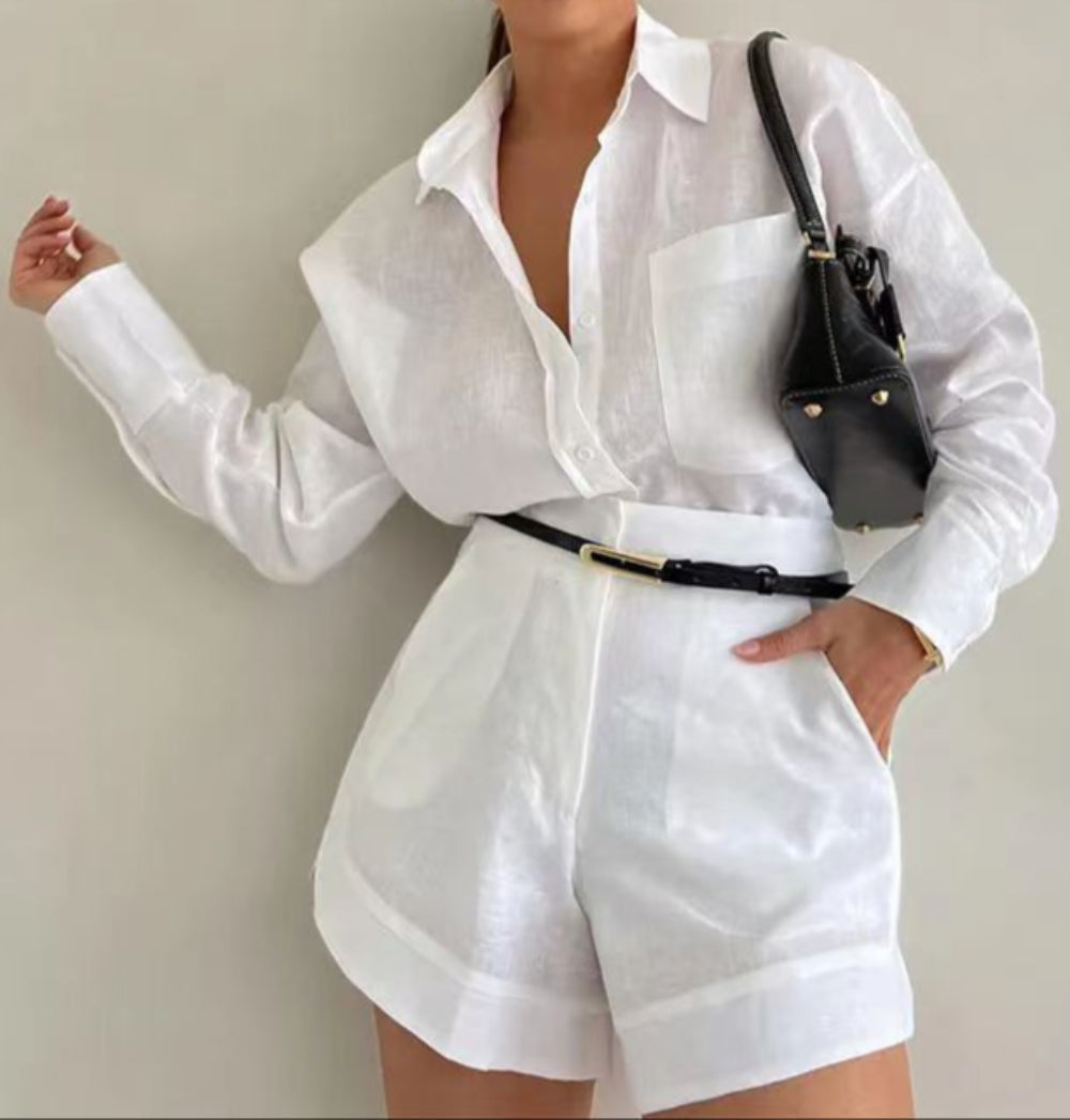 Lila Cotton and Linen Long Sleeve Shorts Set