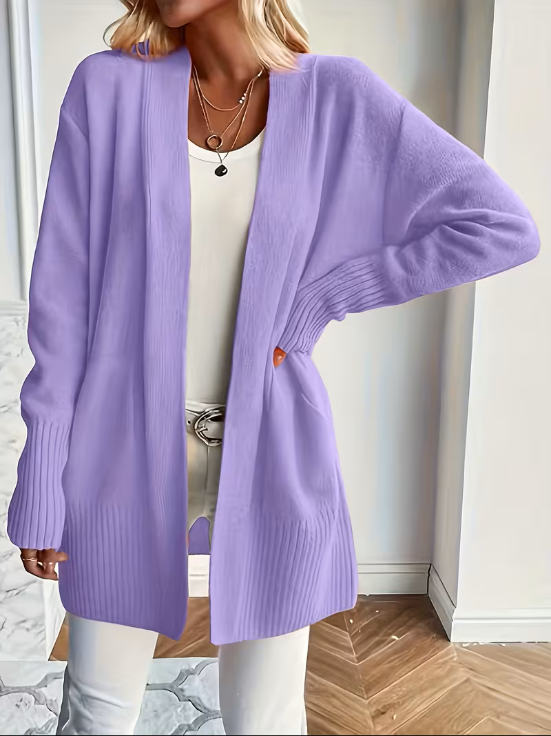 Women's Open Front Cardigan Long Sleeve Ribbed Knit Pockets Casual