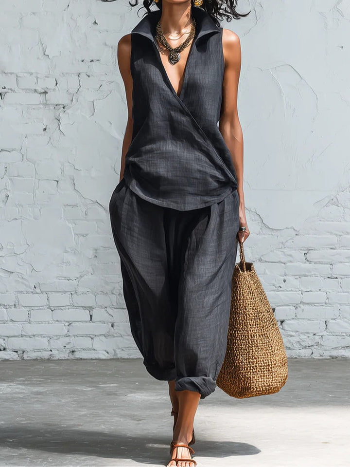 Sophia Collared Shirt and Wide-Leg Pants Set