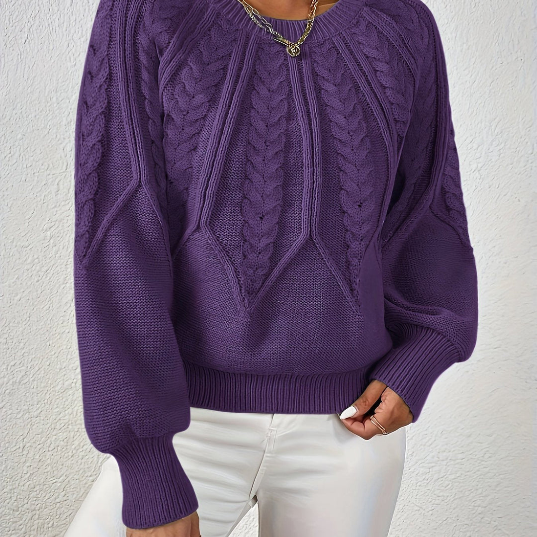 Women's Cable-Knit Sweater Round Neck Long Sleeve Ribbed Cuff Casual Pullover