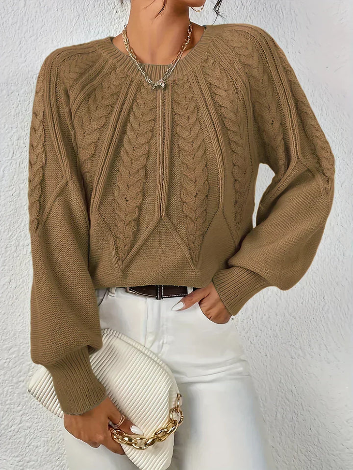 Women's Cable Knit Sweater Round Neck Long Sleeve Casual Pullover