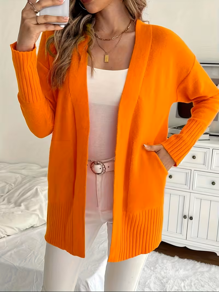 Women's Open Front Cardigan Long Sleeve Ribbed Knit Pockets Casual