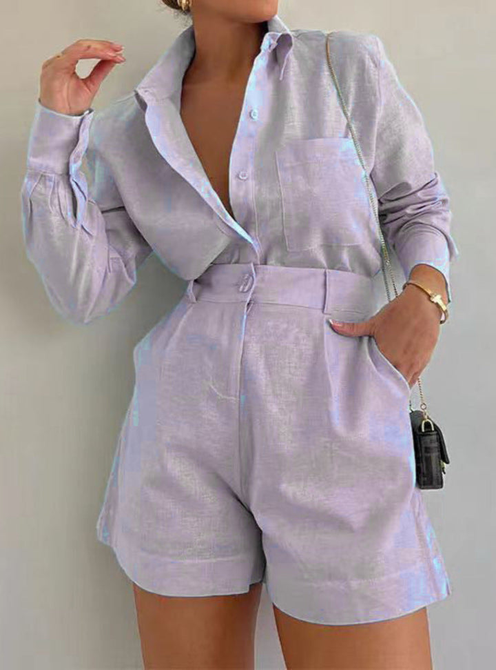 Lila Cotton and Linen Long Sleeve Shorts Set