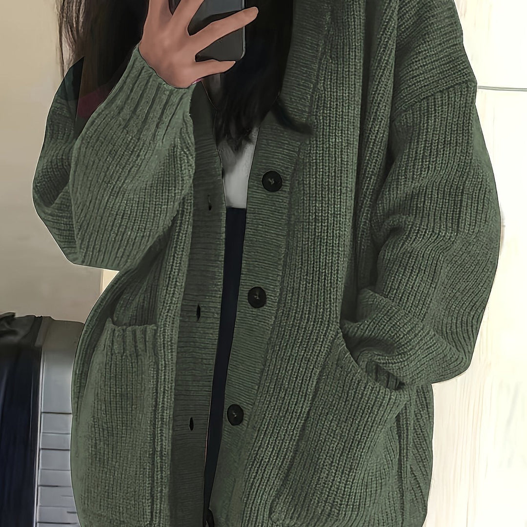 Women's Oversized Button-Front Cardigan V-Neck Long Sleeve Knit Pocket Sweater